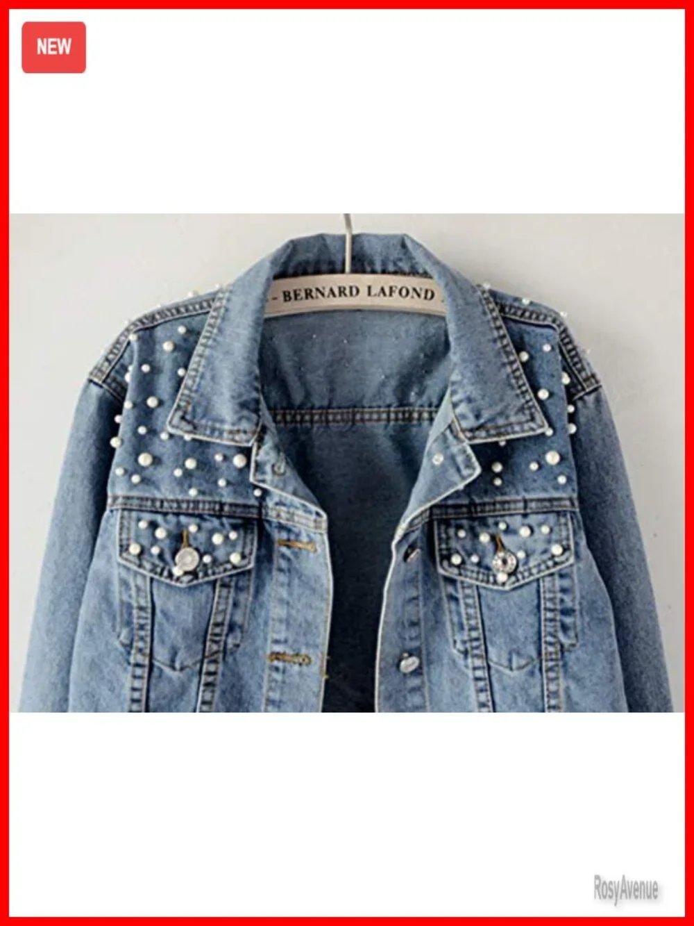 Oversized Denim Jacket with Pearls Beading Long Sleeve Button Up